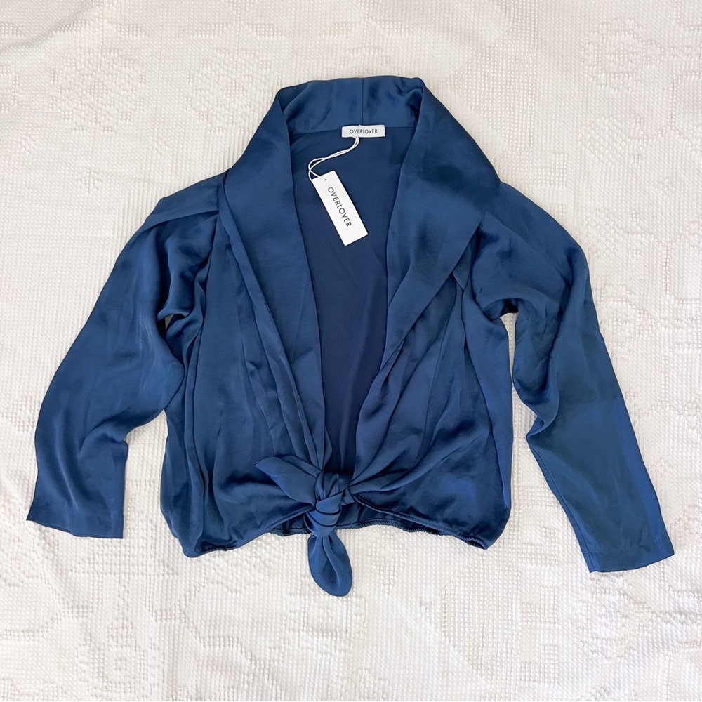 OVERLOVER Clarissa Tie Front Satin Top Stone Blue Deep V Blouse
